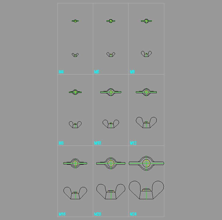 Bloque Autocad Juego varias medidas de TUERCAS DIN 315 DE MARIPOSA